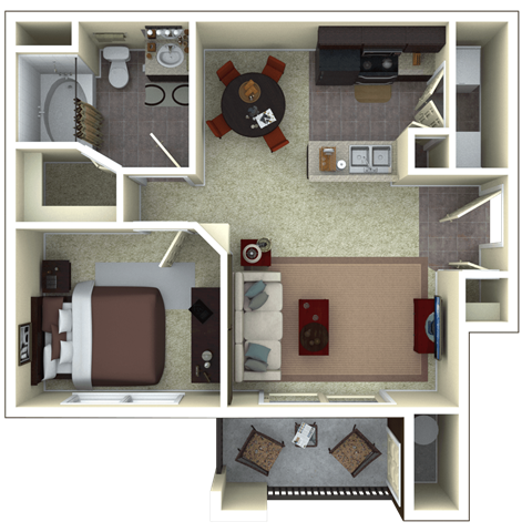 Floor plan for 1 bed, 1 bath, 715 sqft
